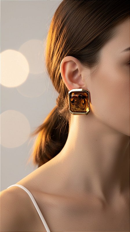 Brinco Retângulo Marrom Mesclado Dourado