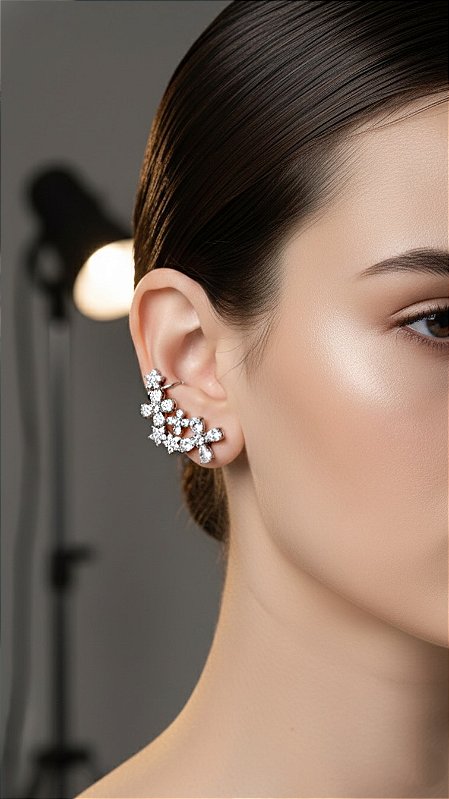 Brinco Ear Cuff Flores Zircônia Prata