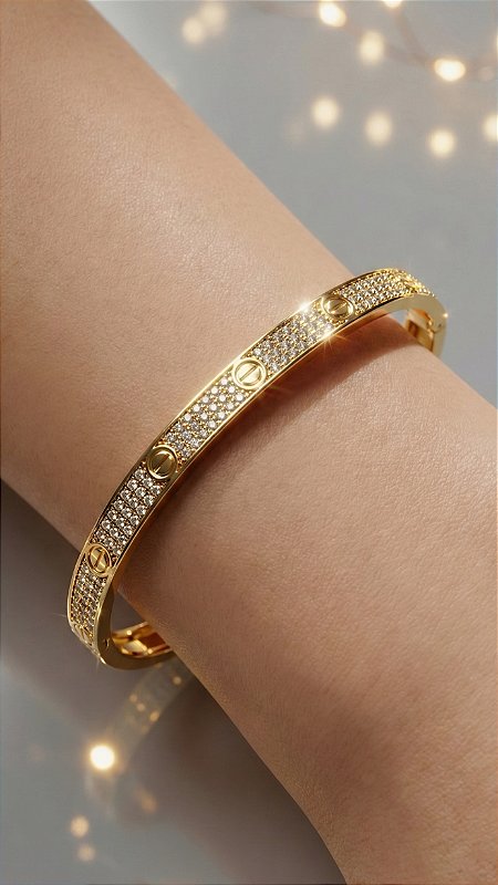 Bracelete Insp Cartier Cravejado Zircônia Dourado