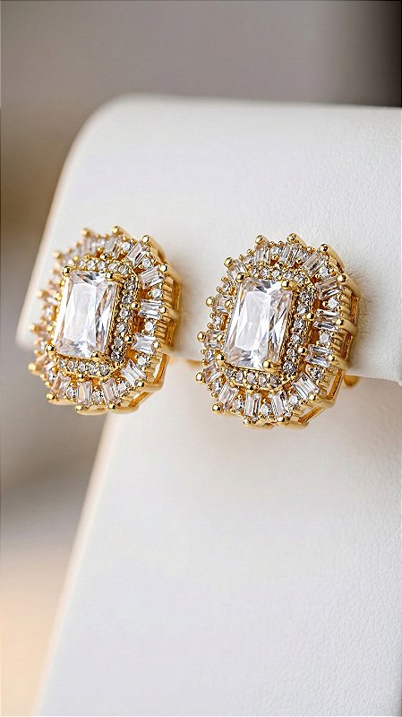 Brinco Broche Zircônia Dourado