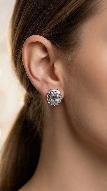 Brinco Broche Zircônia Prata