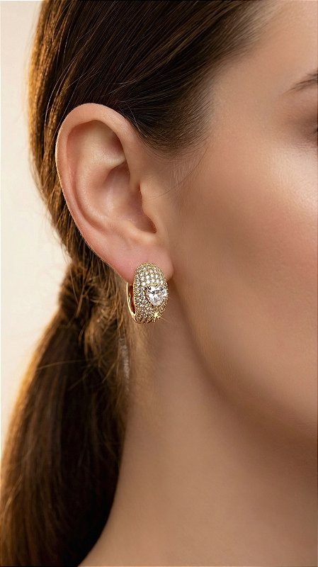 Brinco Argola Mini Cravejada Chaton Dourada