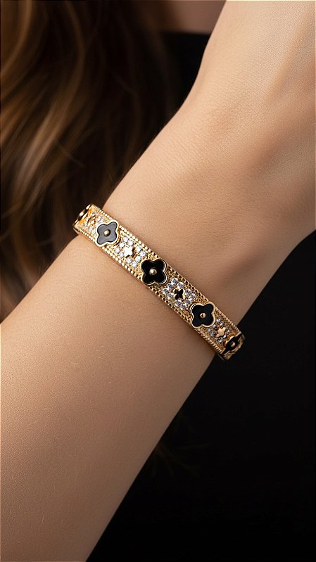 Bracelete Insp Van Cleef Alhambra Preto Dourado