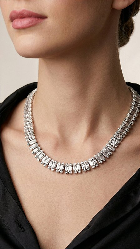 Colar Riviera Insp Swarovski Baguete Cravejada Premium Prata