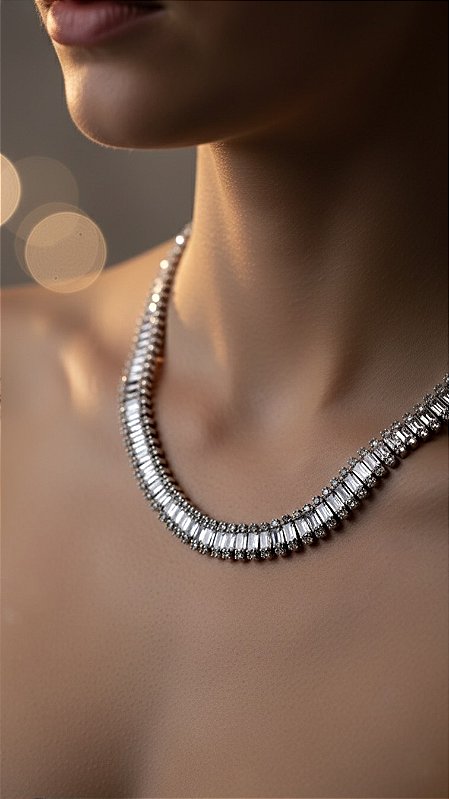 Colar Riviera Insp Swarovski Cravejado Baguete Prata
