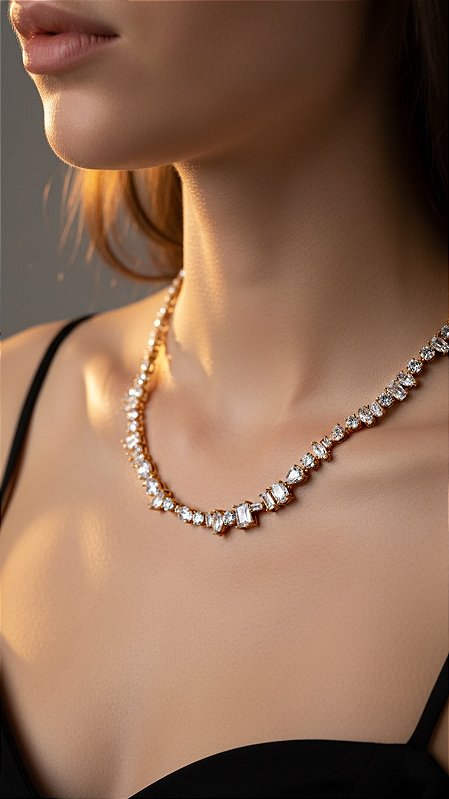 Colar Riviera Trabalhada Cristal Dourado