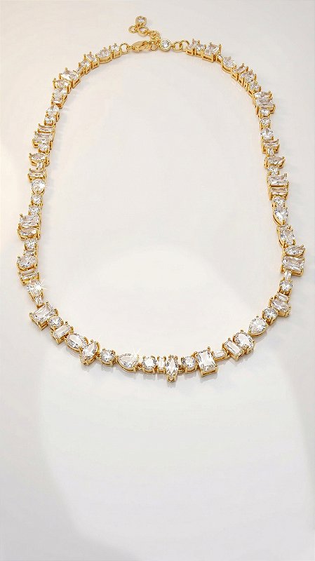 Colar Riviera Trabalhada Cristal Dourado