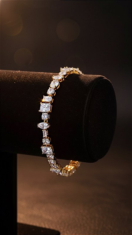 Pulseira Riviera Trabalhada Cristal Dourada