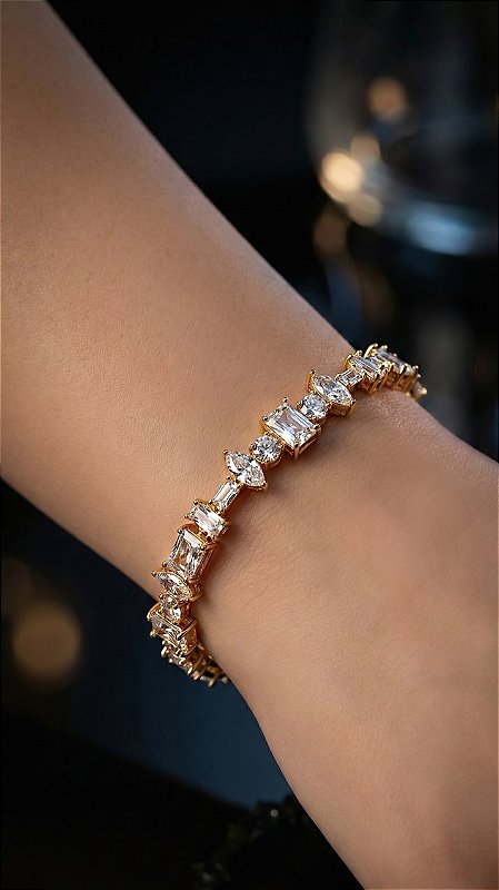 Pulseira Riviera Trabalhada Cristal Dourada