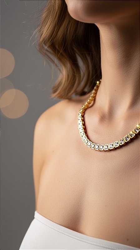 Colar Riviera Quadrada Insp Swarovski Cristal Dourada
