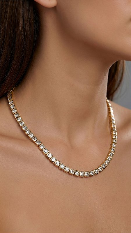 Colar Riviera Quadrada Insp Swarovski Cristal Dourada