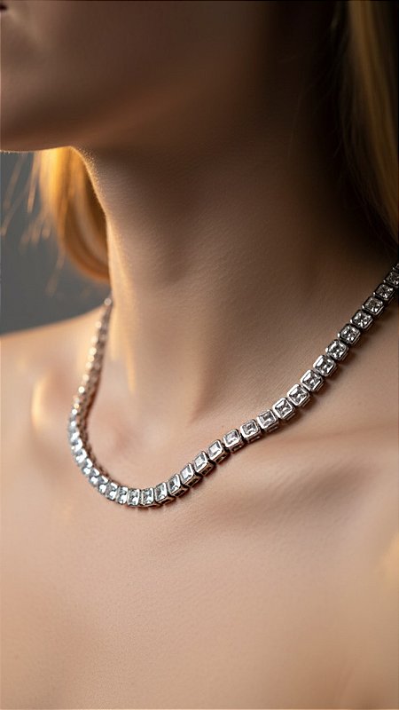 Colar Riviera Quadrada Insp Swarovski Cristal Prata