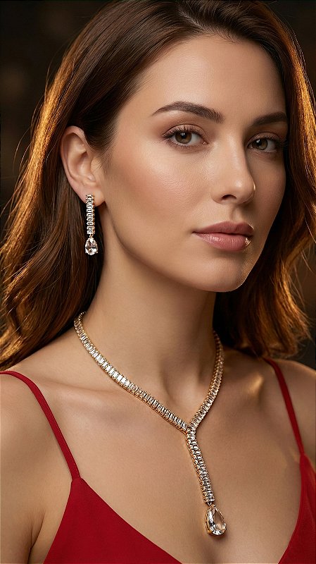 Conjunto Riviera Baguete Cristal Dourada