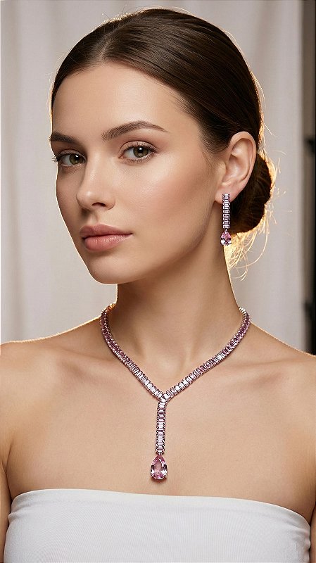 Conjunto Riviera Baguete Rose Prata