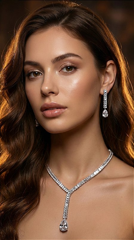 Conjunto Riviera Baguete Cristal Prata