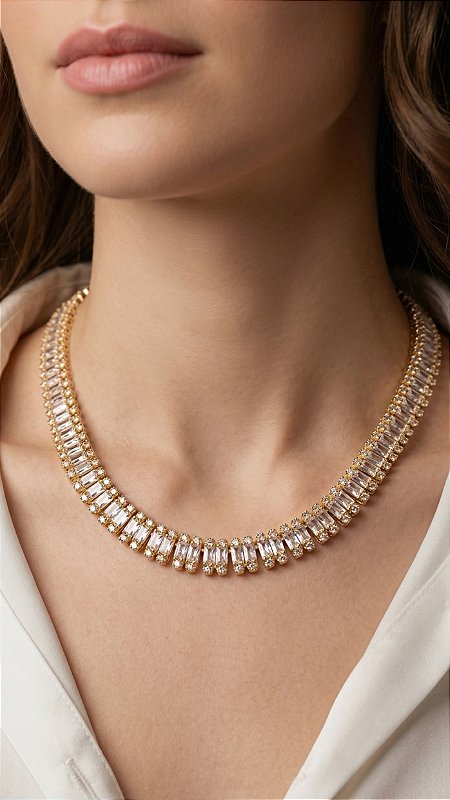 Colar Riviera Insp Swarovski Baguete Cravejada Premium Dourada