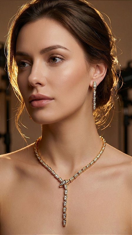 Conjunto Serpente Insp Bulgari Zircônia Dourado