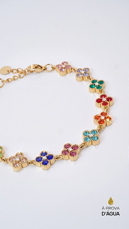 Pulseira Riviera Trevo Colorida Banho Ouro 18K Aço Ajustável