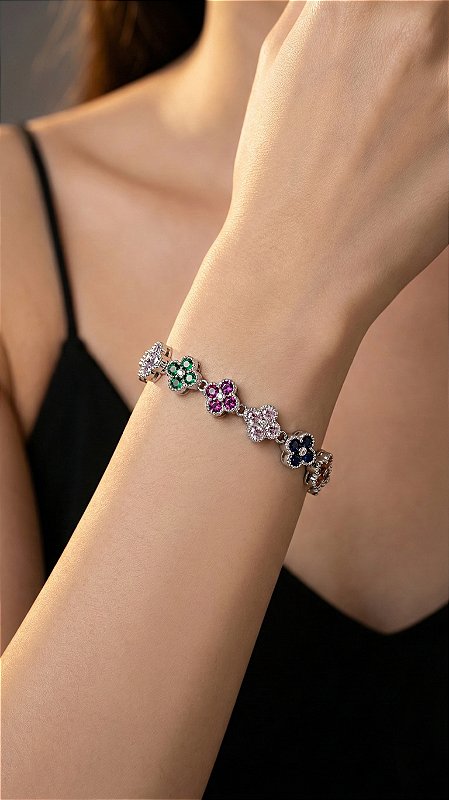 Pulseira Riviera Trevo Colorida Prata