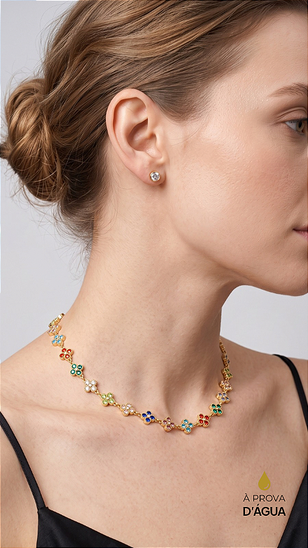 Conjunto Riviera Trevo Colorido Banho Ouro 18K Aço