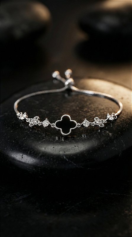 Pulseira Insp Van Cleef Trevo Preto Resina Prata
