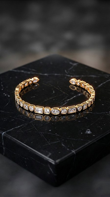 Bracelete Riviera Geométrico Insp Swarovski Cristal Dourado