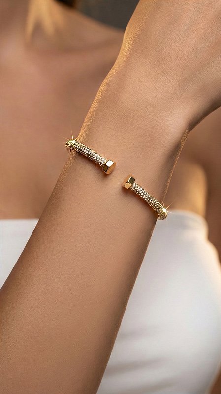 Conjunto Bracelete Anel Insp Cartier Zircônias Dourado