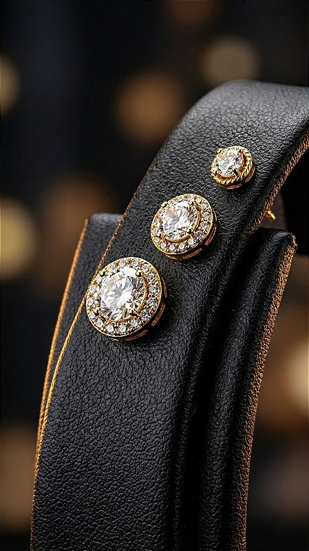 Brincos Trio Ponto de Luz Cravejado Zircônia Dourado