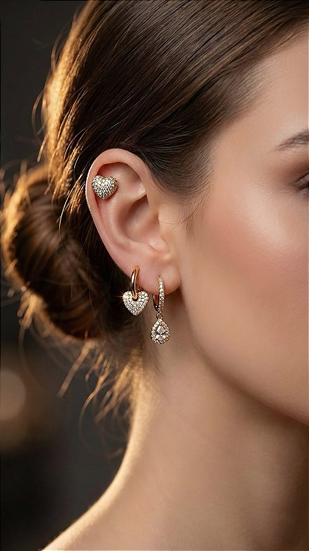 Brincos Trio Insp Pandora Corações Cravejados Dourado