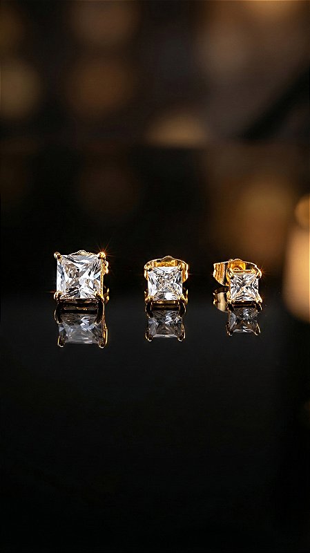 Brinco Trio Ponto de Luz 4 Pontas Quadrado Zircônia Dourado