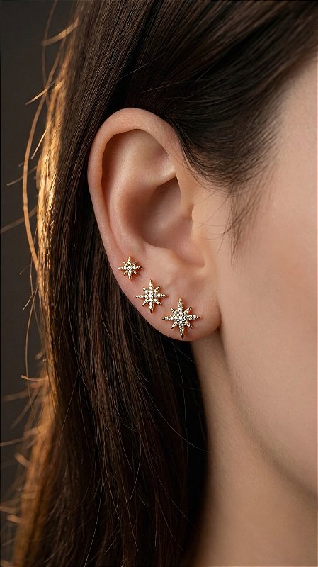 Brinco Trio Estrela Canopus Zircônia Cravejado Dourado