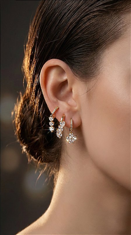 Brinco Trio Argolas Zircônia Pendurada Dourado