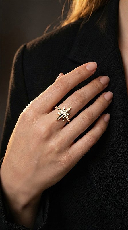 Anel Estrela Canopus Zircônias Cravejada Dourado