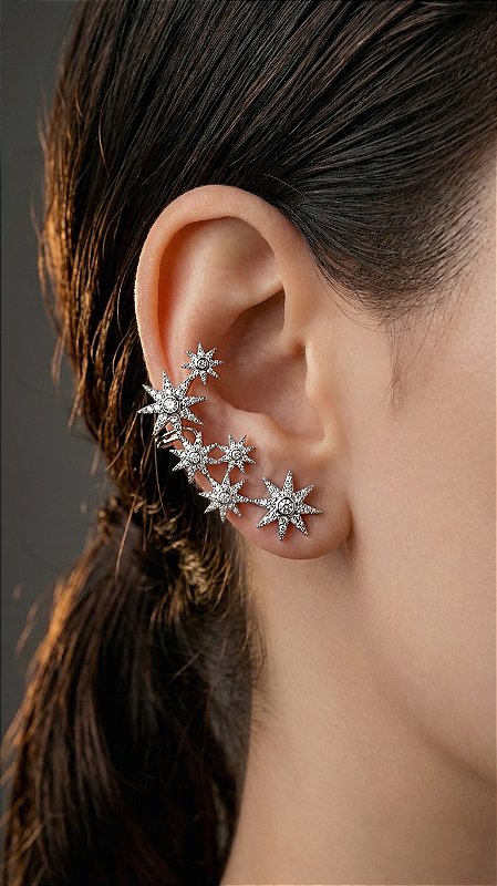 Brinco Ear Cuff Estrela Canopus Zircônias Cravejada Prata