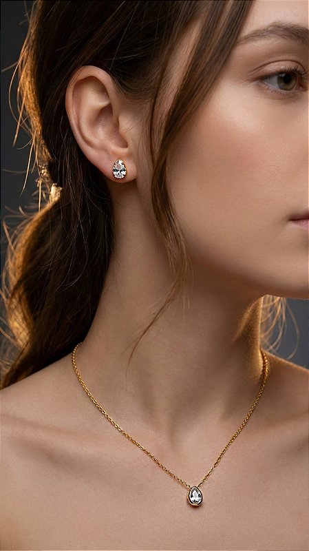 Conjunto Ponto de Luz Gota Zircônia Cristal Dourado