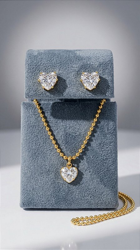 Conjunto Coração Zircônia Cristal Dourado