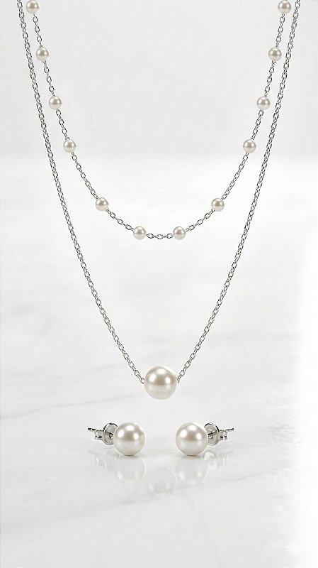 Conjunto Pérolas Duplo Prata