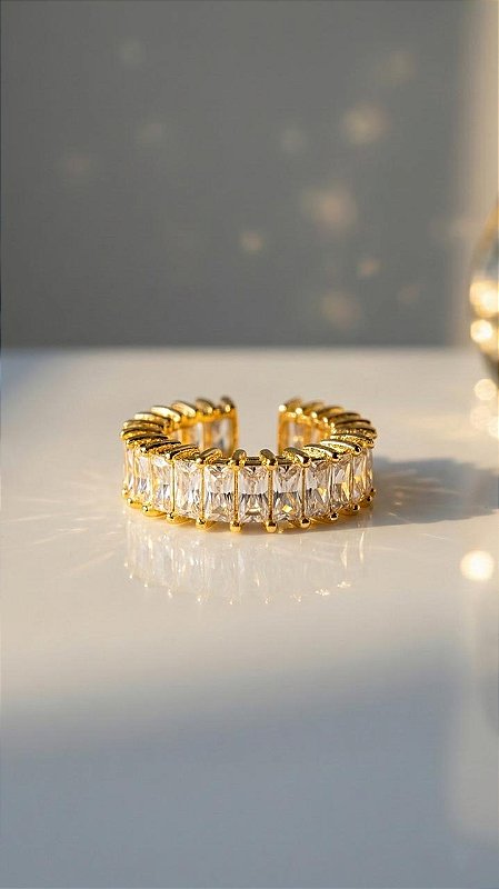 Anel Riviera Baguete 4 Pontas Cristal Dourado Ajustável
