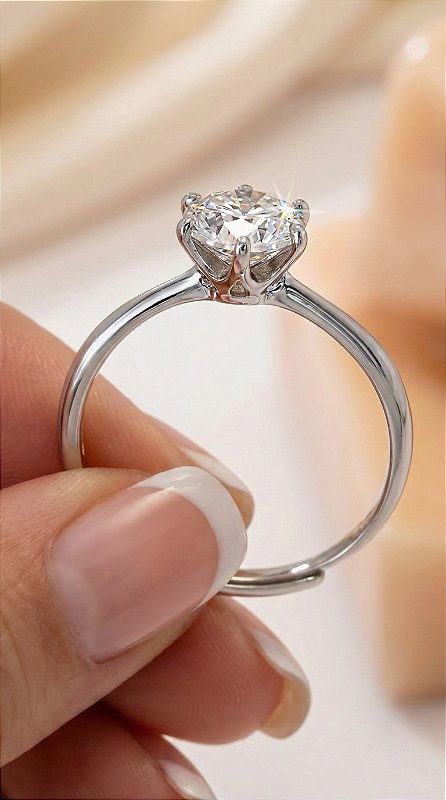 Anel Solitário Pedra 6,5mm Moissanite 6 Pontas Prata 925 Ajustável