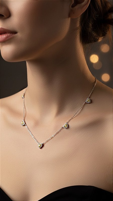 Colar Corações Zircônia Citrino Prata