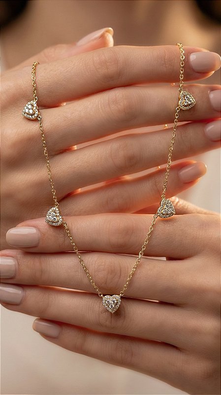 Colar Corações Zircônia Cristal Dourado