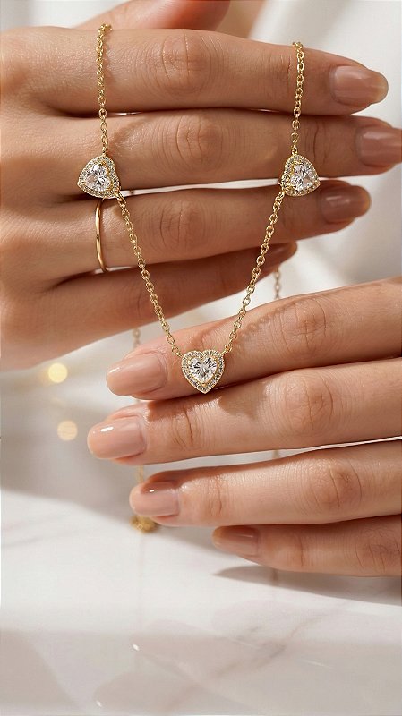 Colar Corações Zircônia Cristal Dourado