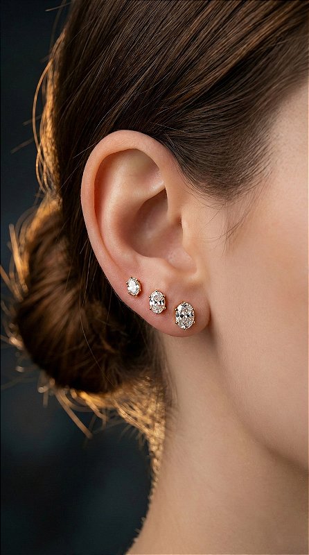 Brinco Trio Ponto de Luz Oval 6 Pontas Zircônia Dourado