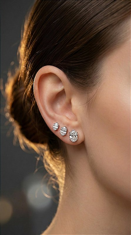 Brinco Trio Ponto de Luz Oval 6 Pontas Zircônia Prata