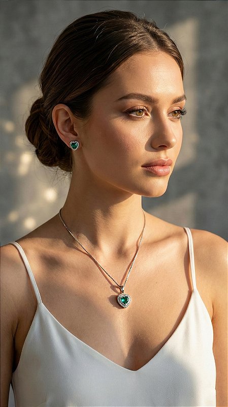 Conjunto Coração Zircônia Esmeralda Cravejado Prata