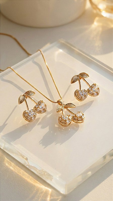 Conjunto Cerejas Zircônia Cristal Dourado