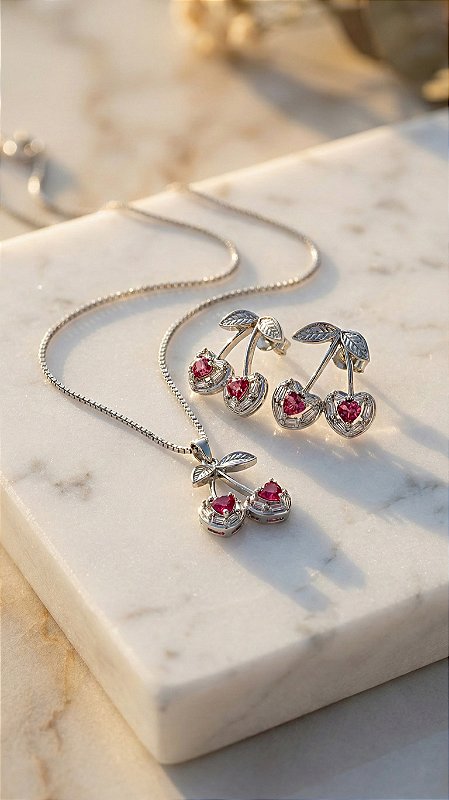 Conjunto Cerejas Zircônia Rosa Prata