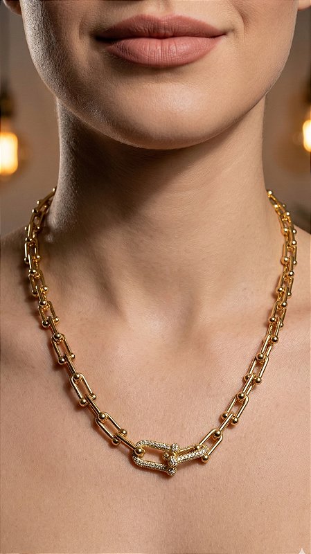 Colar Elos Insp Tiffany Cravejado Aço Dourado