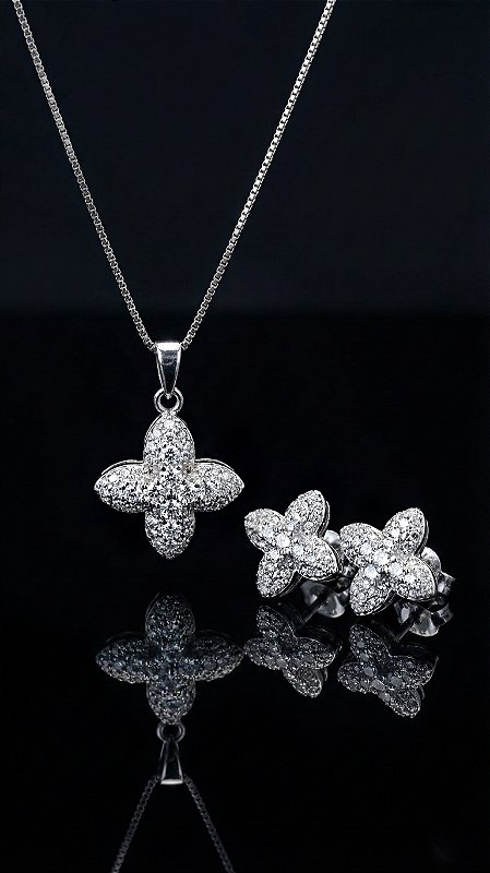 Conjunto Insp Tiffany Trevo Zircônia Cravejado Prata
