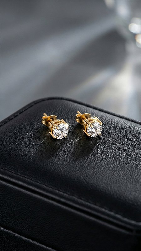 Brinco Ponto de Luz Solitário Zircônia Aço Dourado